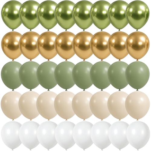 Govpy 60-Pack 12-Inch Green Gold White Latex Balloons – Retro Metallic Confetti Party Set
