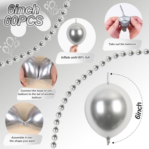Govpy 60PCS 6-Inch Metallic Silver Link Balloons with Tails for Easy Balloon Arch, Chain, and Wall Decorations