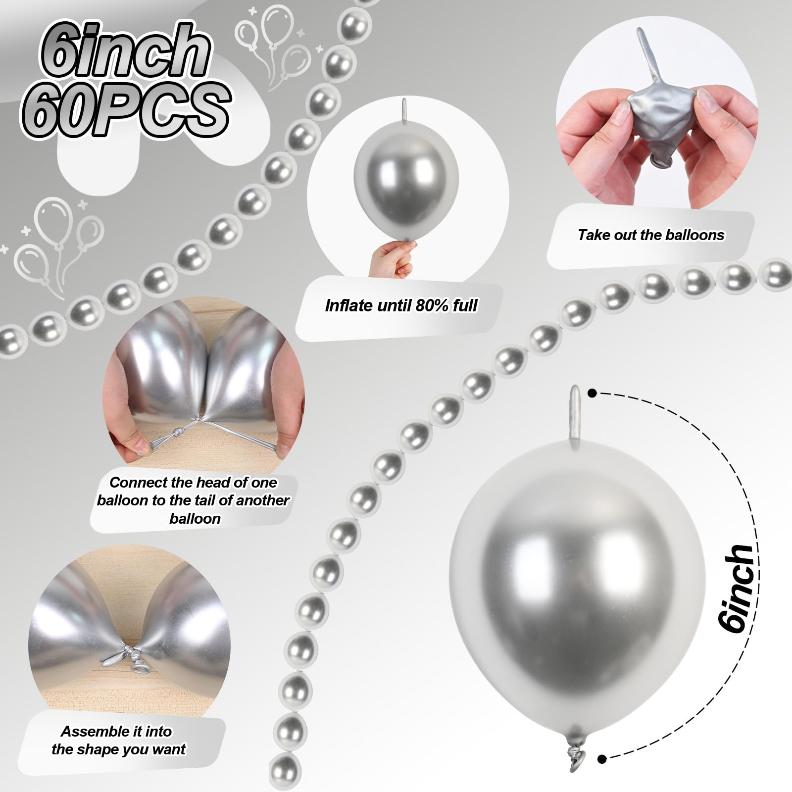 Govpy 60PCS 6-Inch Metallic Silver Link Balloons with Tails for Easy Balloon Arch, Chain, and Wall Decorations