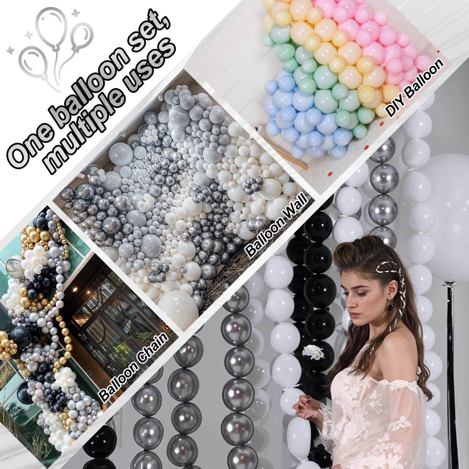 Govpy 60PCS 6-Inch Metallic Silver Link Balloons with Tails for Easy Balloon Arch, Chain, and Wall Decorations