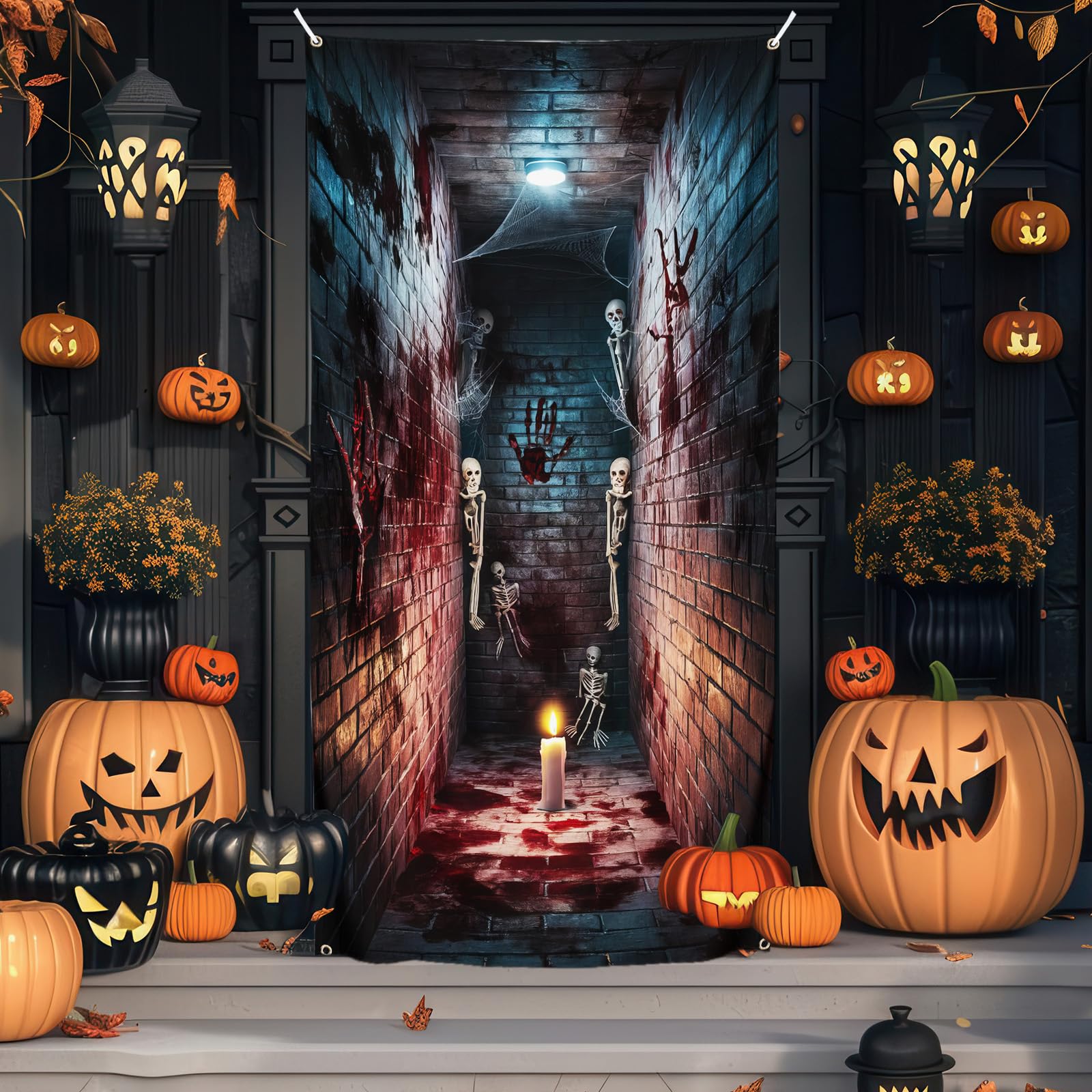 Govpy Halloween Door Banner 72x35 Inch Trick or Treat Backdrop – Red & Black Horror Decor