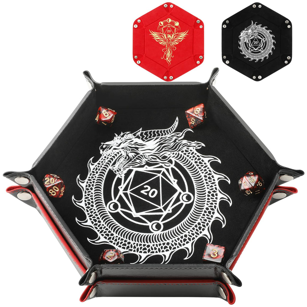 Grajar Dragon and Phoenix Folding Dice Tray Set - 2 Pack Portable PU Leather Hexagonal Rolling Tray for DND RPG