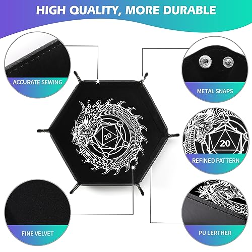 Grajar Dragon and Phoenix Folding Dice Tray Set - 2 Pack Portable PU Leather Hexagonal Rolling Tray for DND RPG