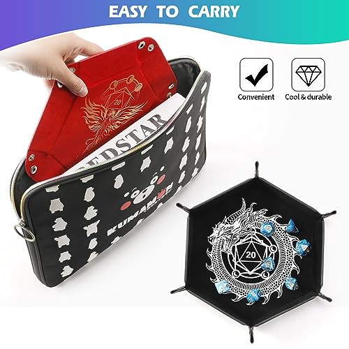 Grajar Dragon and Phoenix Folding Dice Tray Set - 2 Pack Portable PU Leather Hexagonal Rolling Tray for DND RPG