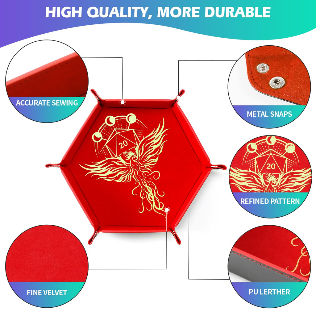 Grajar Dragon and Phoenix Folding Dice Tray Set - 2 Pack Portable PU Leather Hexagonal Rolling Tray for DND RPG