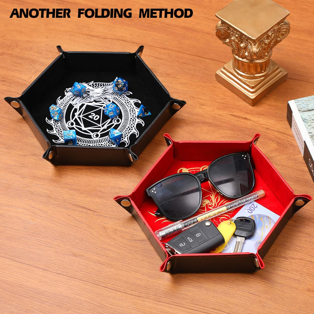 Grajar Dragon and Phoenix Folding Dice Tray Set - 2 Pack Portable PU Leather Hexagonal Rolling Tray for DND RPG