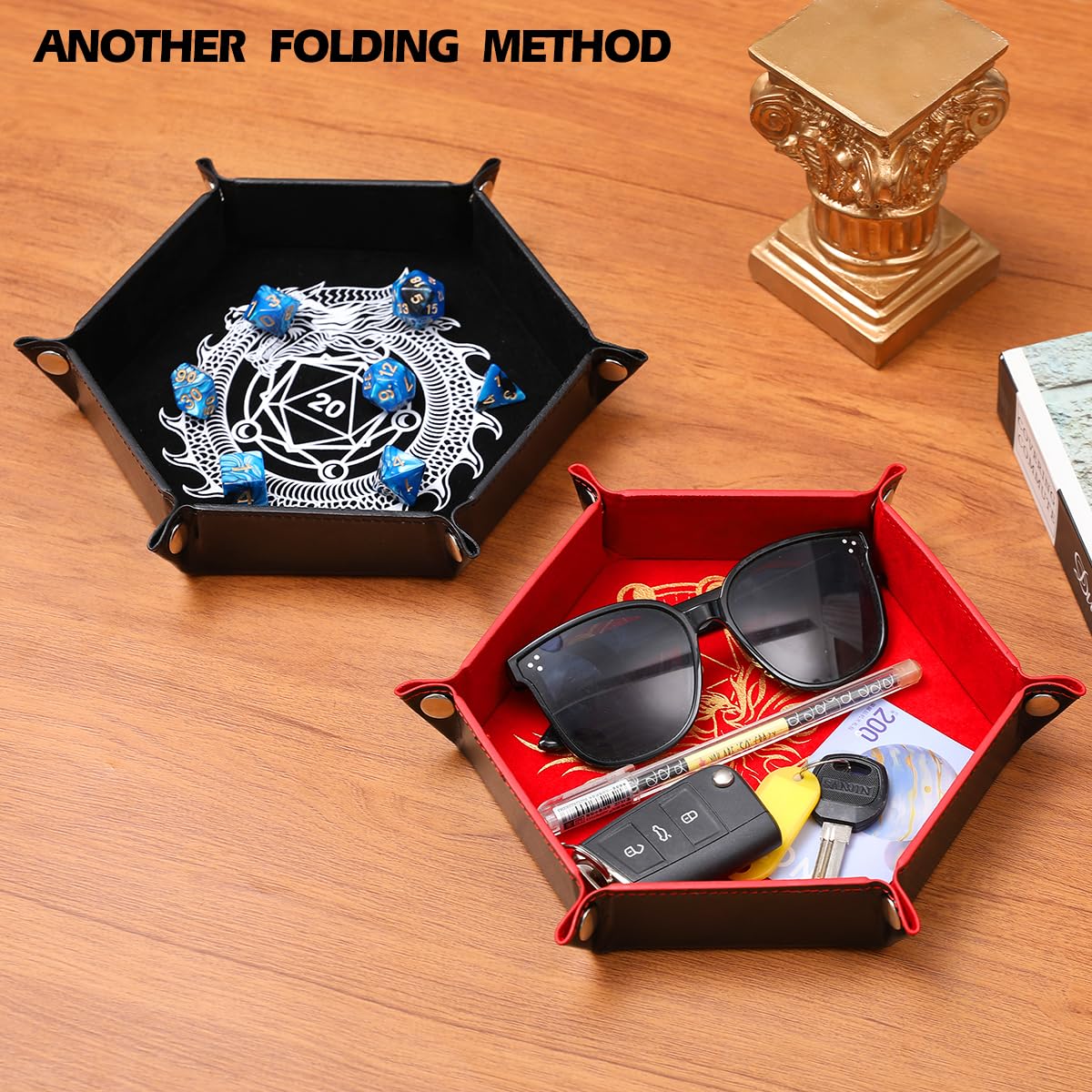 Grajar Dragon and Phoenix Folding Dice Tray Set - 2 Pack Portable PU Leather Hexagonal Rolling Tray for DND RPG