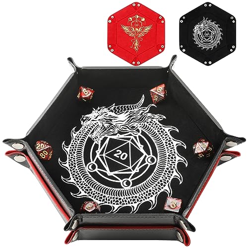 Grajar Dragon and Phoenix Folding Dice Tray Set - 2 Pack Portable PU Leather Hexagonal Rolling Tray for DND RPG