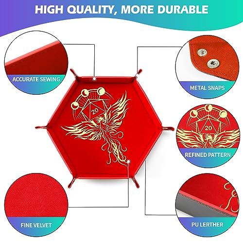 Grajar Dragon and Phoenix Folding Dice Tray Set - 2 Pack Portable PU Leather Hexagonal Rolling Tray for DND RPG