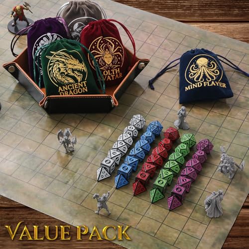 Grajar Vintage Boss Totem 35-Piece Polyhedral Dice Set with 5 Velvet Pouches – D&D & RPG