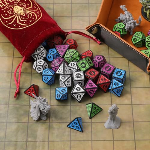 Grajar Vintage Boss Totem 35-Piece Polyhedral Dice Set with 5 Velvet Pouches – D&D & RPG