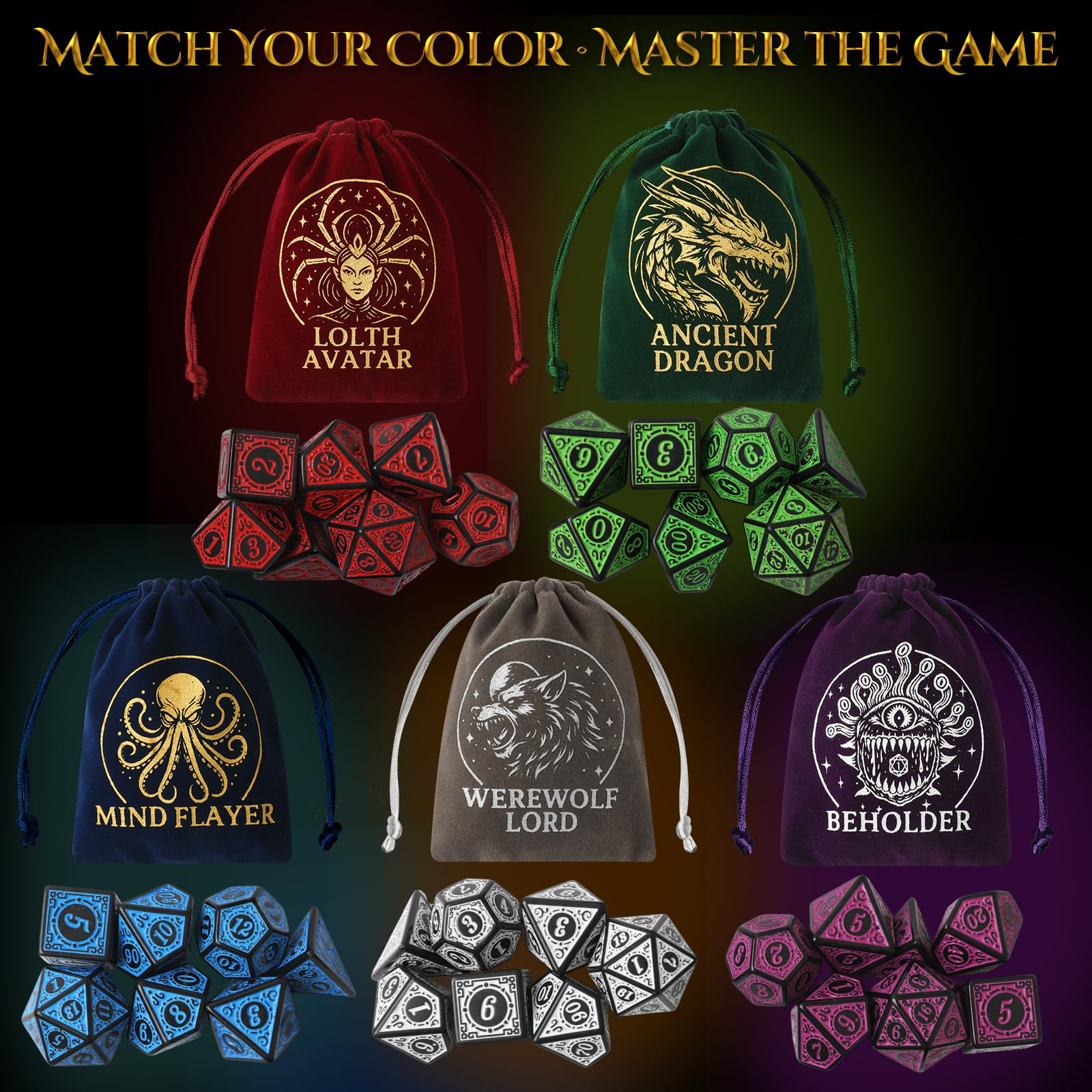 Grajar Vintage Boss Totem 35-Piece Polyhedral Dice Set with 5 Velvet Pouches – D&D & RPG