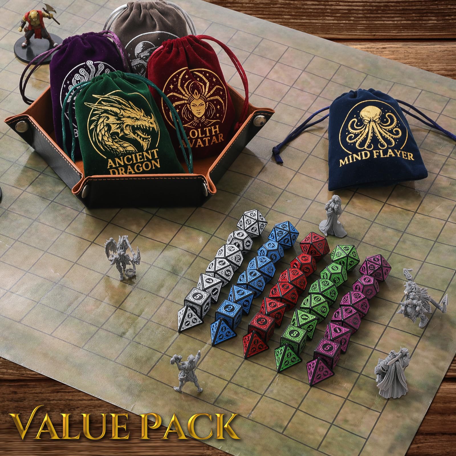 Grajar Vintage Boss Totem 35-Piece Polyhedral Dice Set with 5 Velvet Pouches – D&D & RPG