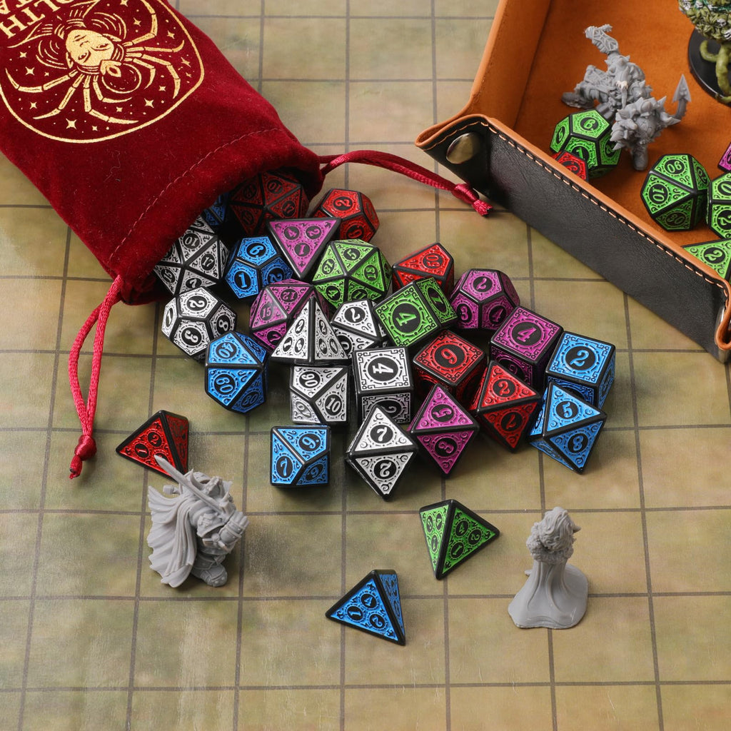 Grajar Vintage Boss Totem 35-Piece Polyhedral Dice Set with 5 Velvet Pouches – D&D & RPG
