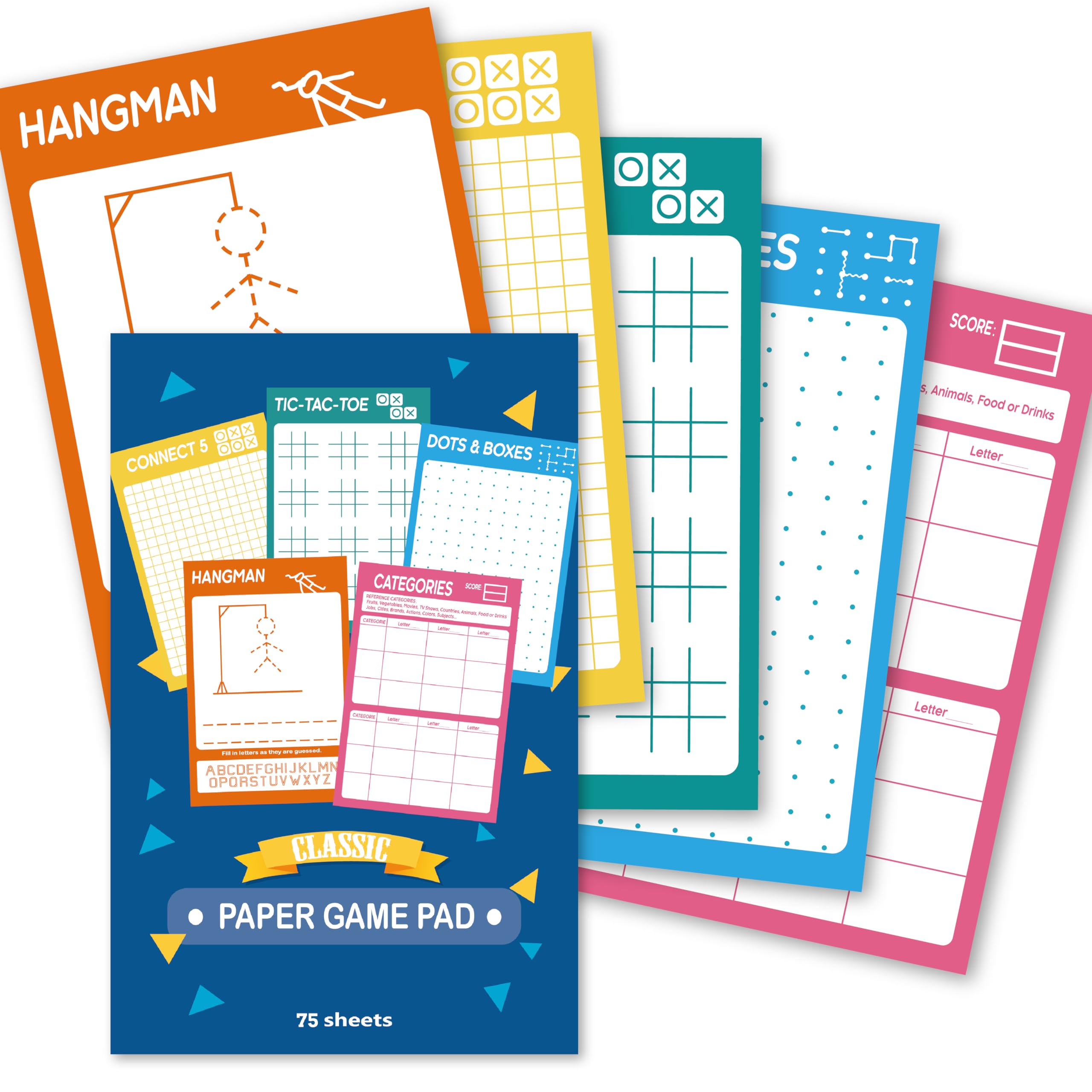 GRANDLMOON 5 Portable Travel Game Pad – 75 Sheets of Classic Pencil & Paper Games for Kids (6 x 9 inches)