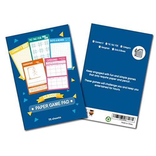 GRANDLMOON 5 Portable Travel Game Pad – 75 Sheets of Classic Pencil & Paper Games for Kids (6 x 9 inches)