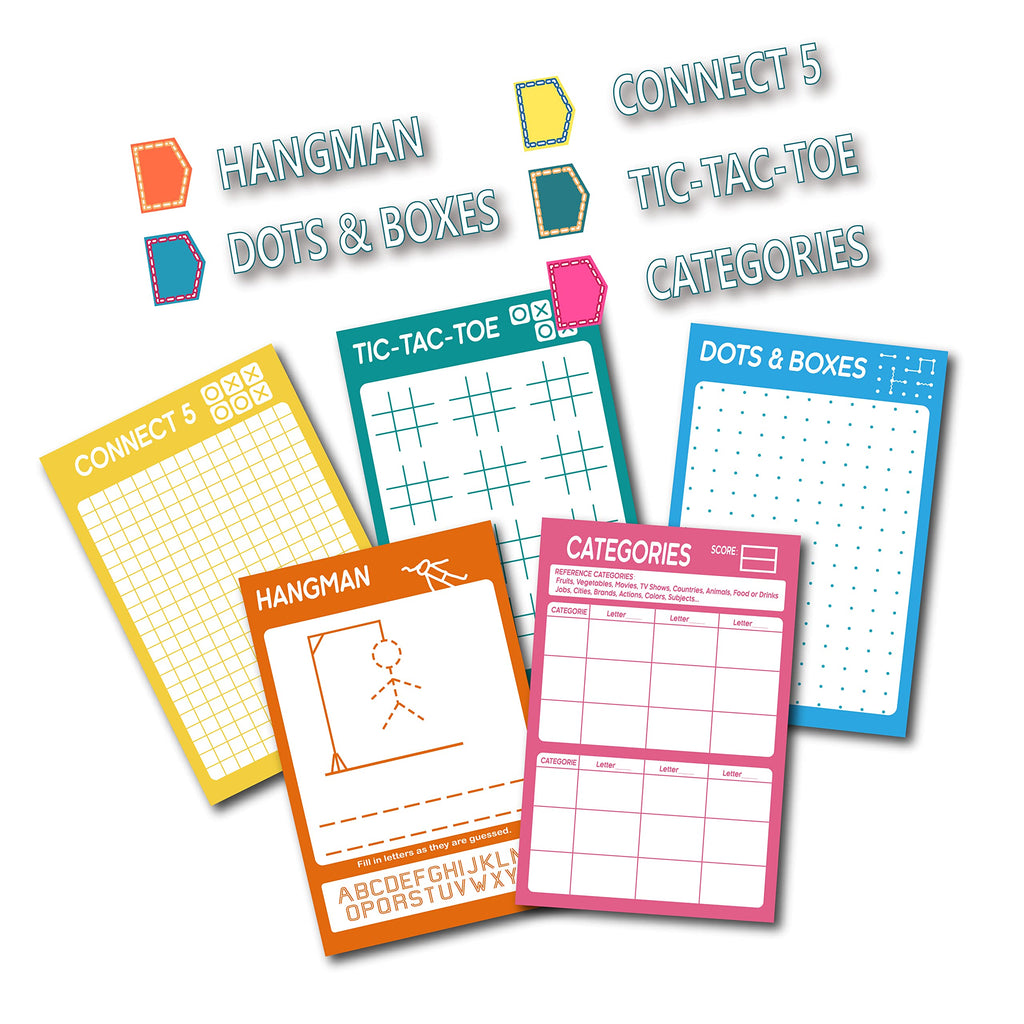 GRANDLMOON 5 Portable Travel Game Pad – 75 Sheets of Classic Pencil & Paper Games for Kids (6 x 9 inches)