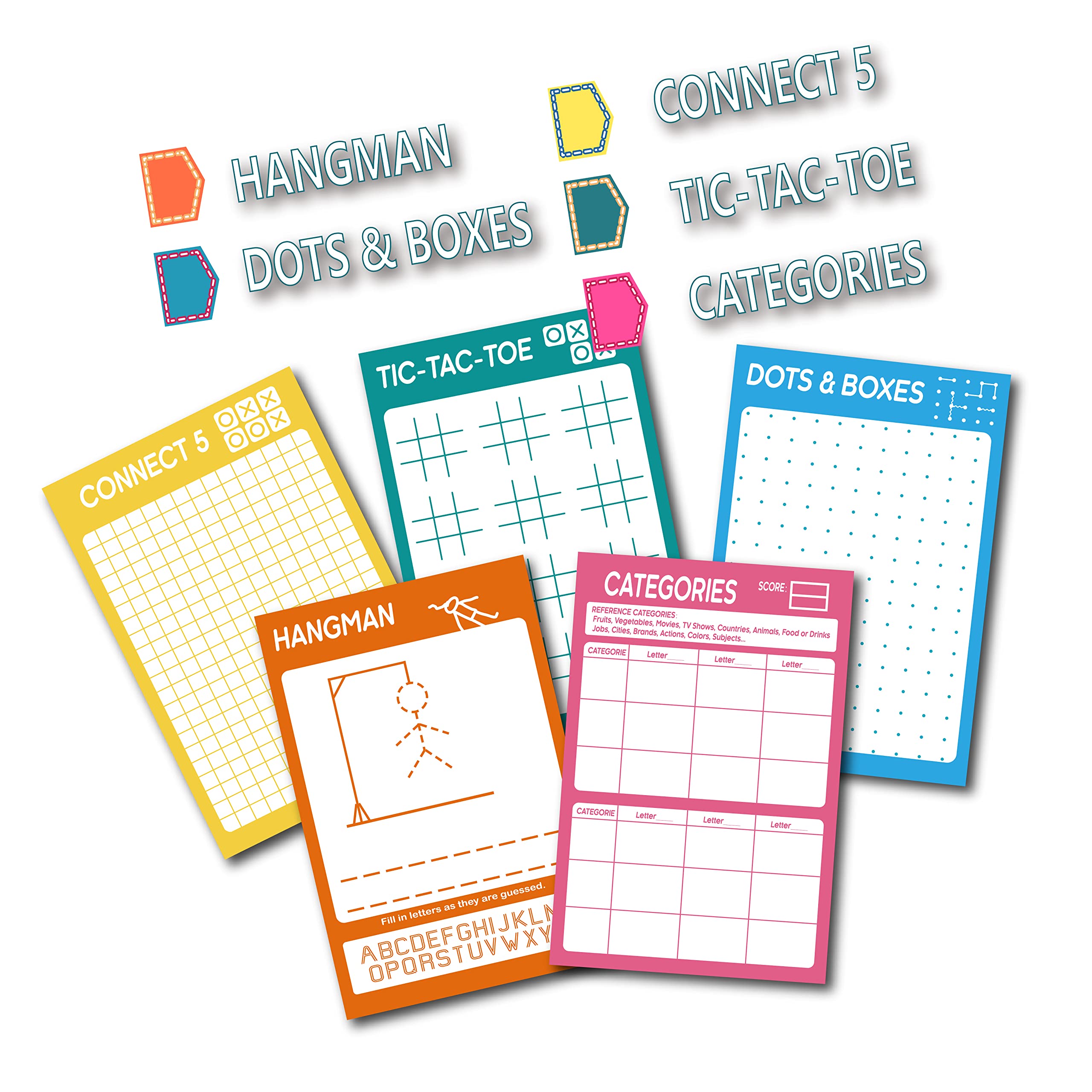 GRANDLMOON 5 Portable Travel Game Pad – 75 Sheets of Classic Pencil & Paper Games for Kids (6 x 9 inches)