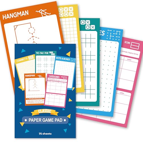 GRANDLMOON 5 Portable Travel Game Pad – 75 Sheets of Classic Pencil & Paper Games for Kids (6 x 9 inches)