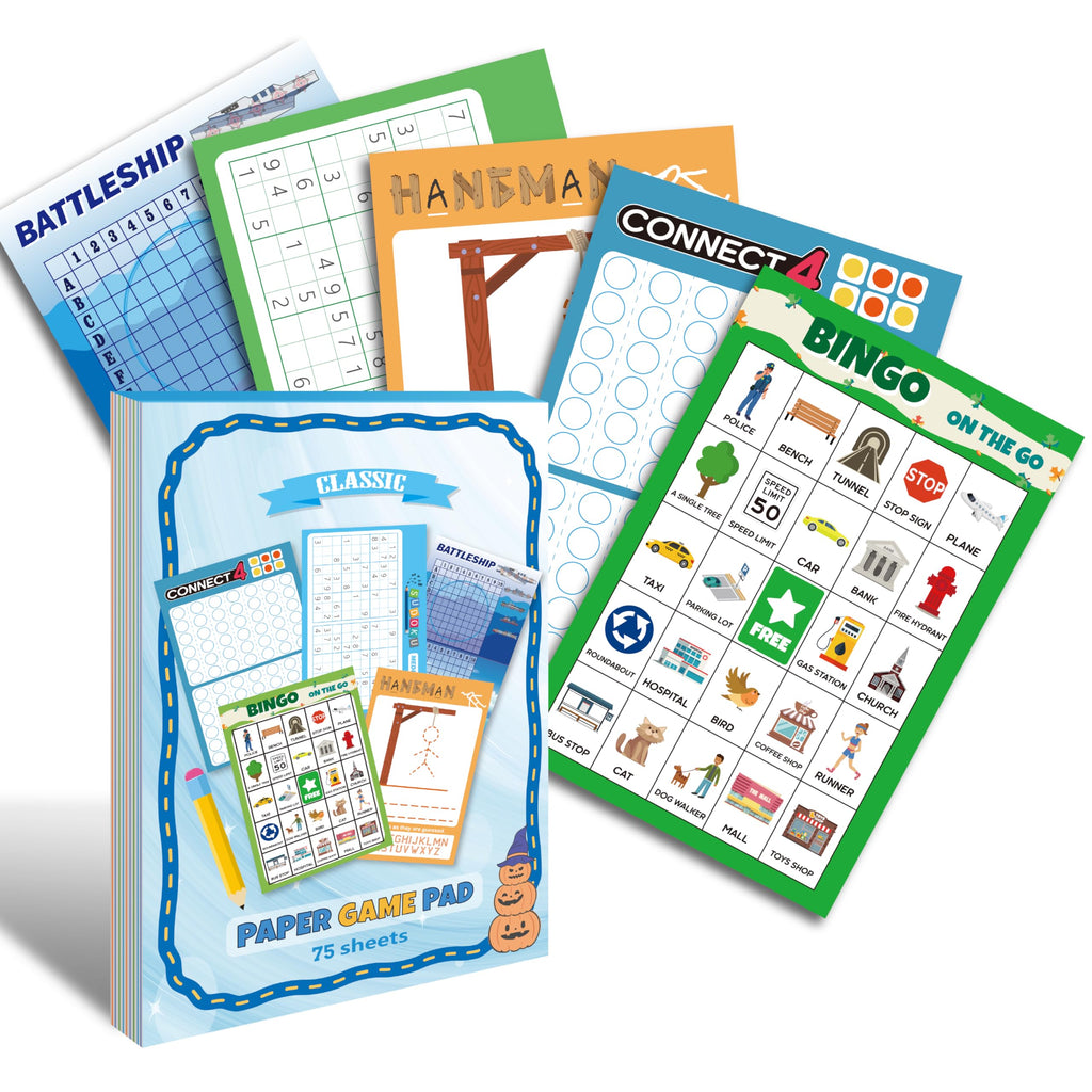 GRANDLMOON 5 Portable Travel Game Pad with 75 Sheets – Classic Pencil & Paper Games for On-the-Go Fun (6 x 9 Inches)