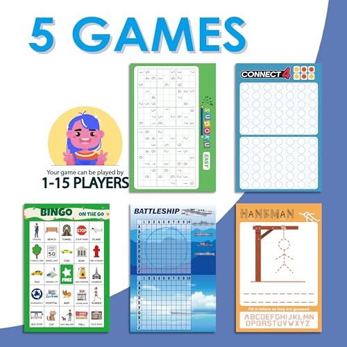 GRANDLMOON 5 Portable Travel Game Pad with 75 Sheets – Classic Pencil & Paper Games for On-the-Go Fun (6 x 9 Inches)