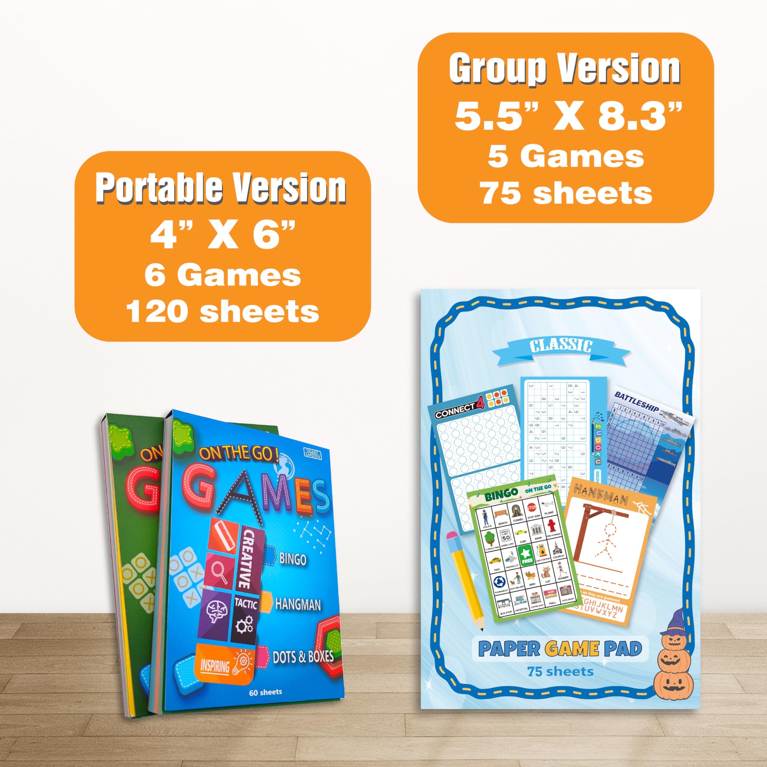 GRANDLMOON 5 Portable Travel Game Pad with 75 Sheets – Classic Pencil & Paper Games for On-the-Go Fun (6 x 9 Inches)