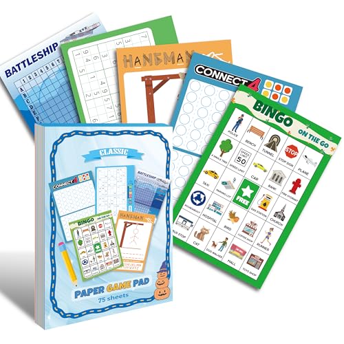 GRANDLMOON 5 Portable Travel Game Pad with 75 Sheets – Classic Pencil & Paper Games for On-the-Go Fun (6 x 9 Inches)