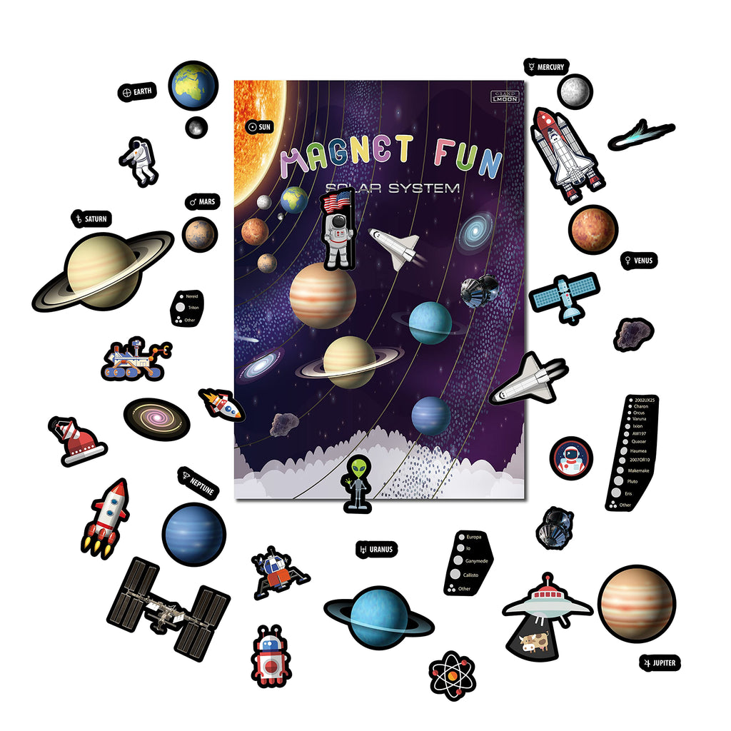GRANDLMOON Magnetic Solar System Playboard – 39-Piece Portable Space Learning Set with Planets, Ships, and Astronaut Magnets