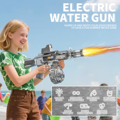 GRANTLEY Electric Water Gun - Rechargeable, 500ml, 510 Shots, LED Lights, USB-C, for Kids & Adults (Grey)