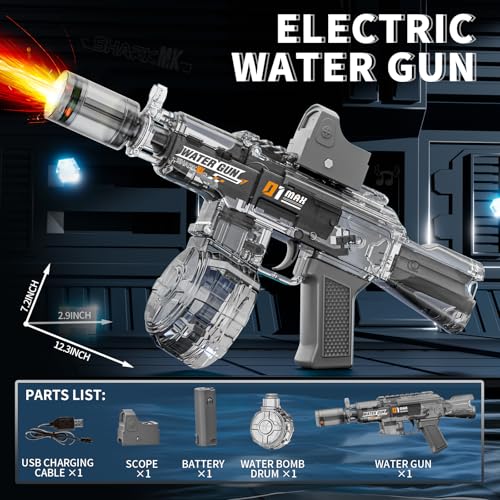 GRANTLEY Electric Water Gun - Rechargeable, 500ml, 510 Shots, LED Lights, USB-C, for Kids & Adults (Grey)