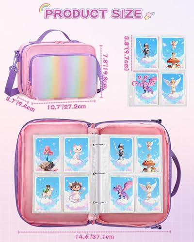 GRAOSO Zipper Card Binder 4 Pocket – Fits 400 Cards, Yoto Compatible, Pink with Rainbow Sequins