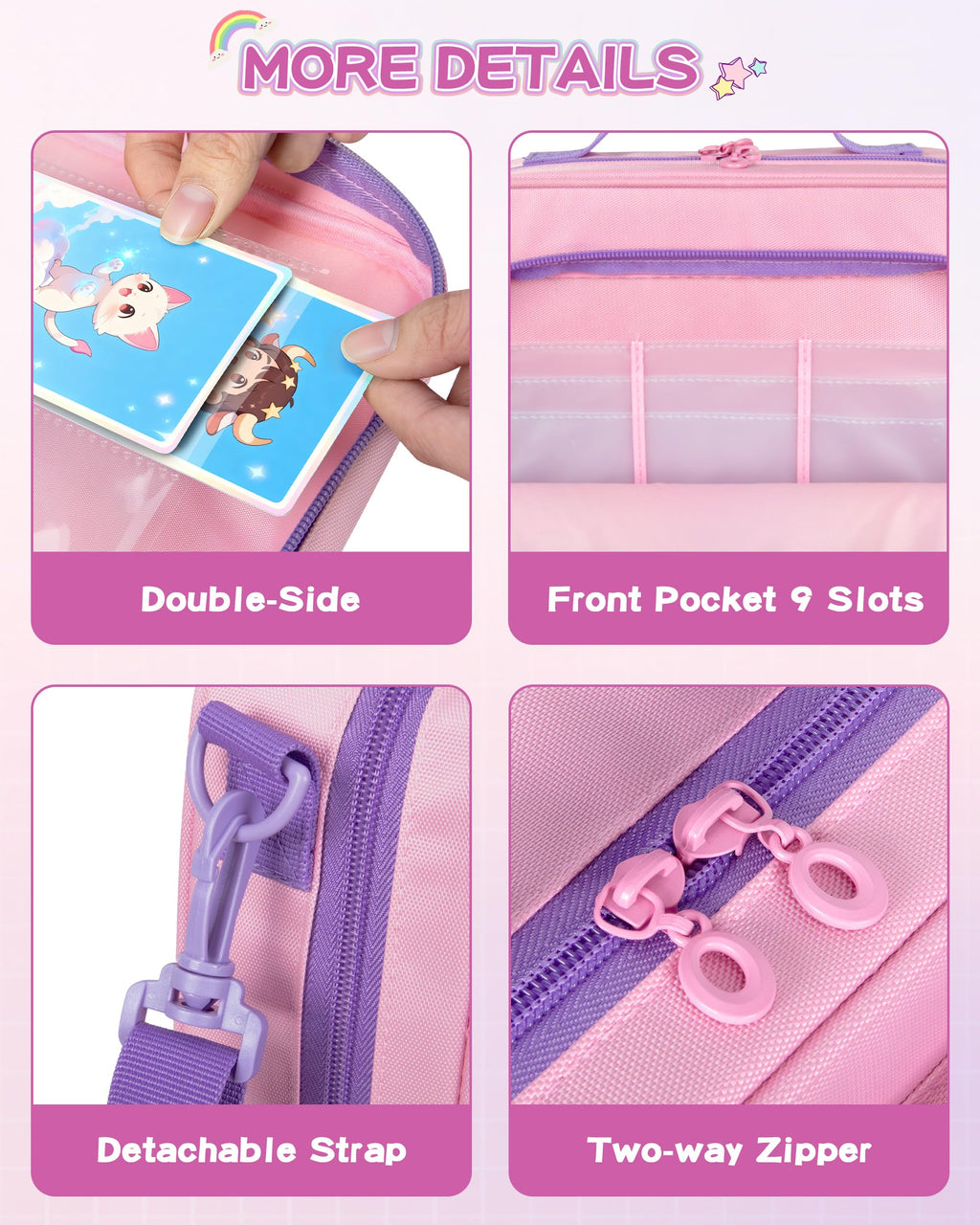 GRAOSO Zipper Card Binder 4 Pocket – Fits 400 Cards, Yoto Compatible, Pink with Rainbow Sequins