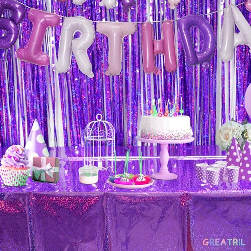 GREATRIL Purple Disposable Tablecloth 54x108 Inches 2-Pack - Shiny Rectangular Party Table Cover for Mermaid, Birthday, Graduation Decor