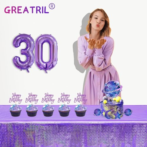 GREATRIL Purple Disposable Tablecloth 54x108 Inches 2-Pack - Shiny Rectangular Party Table Cover for Mermaid, Birthday, Graduation Decor