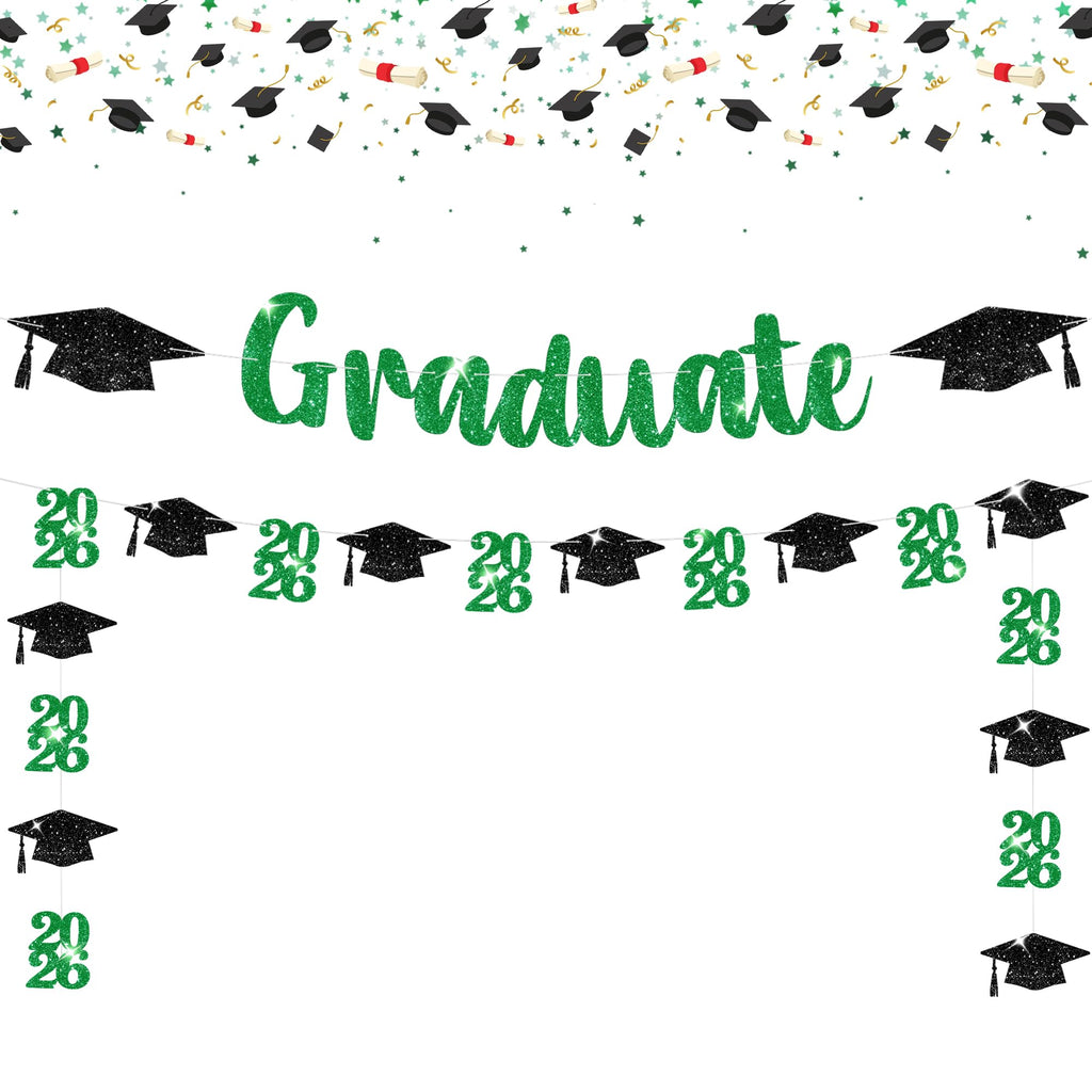 Green and Black Graduation Banner 10ft - Pre-Assembled Glitter Banner with 2026 Cap Garland by KatchOn