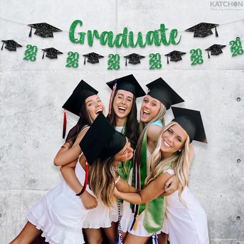 Green and Black Graduation Banner 10ft - Pre-Assembled Glitter Banner with 2026 Cap Garland by KatchOn