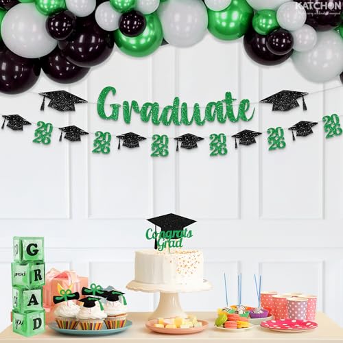 Green and Black Graduation Banner 10ft - Pre-Assembled Glitter Banner with 2026 Cap Garland by KatchOn
