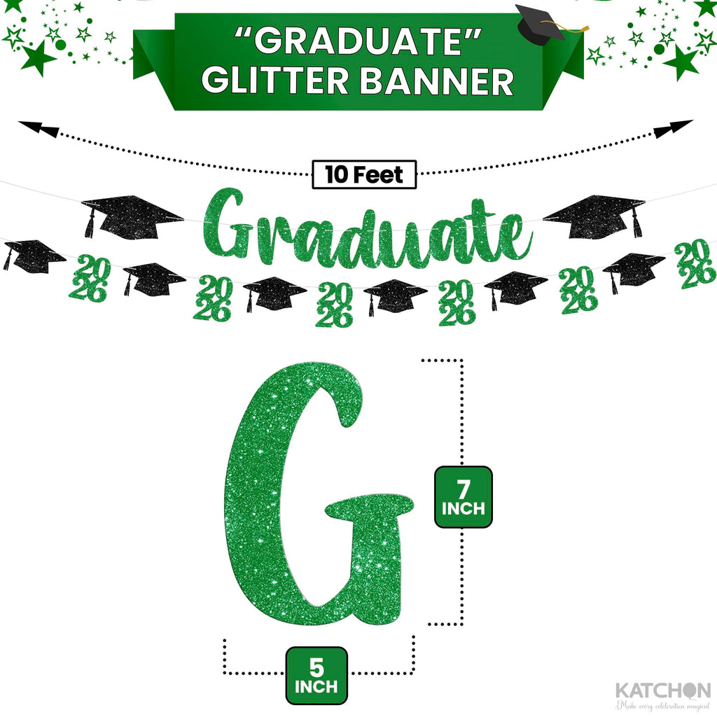 Green and Black Graduation Banner 10ft - Pre-Assembled Glitter Banner with 2026 Cap Garland by KatchOn