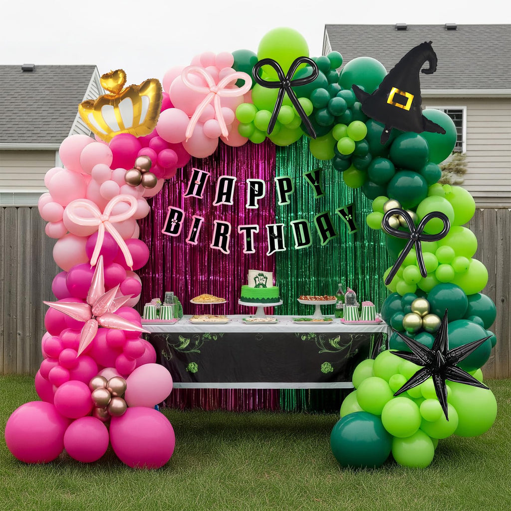 Green and Pink Balloon Garland Arch Kit, 120 Pieces with Wizard Hat Crown Mylar Balloons - Witch Themed Party Decoration