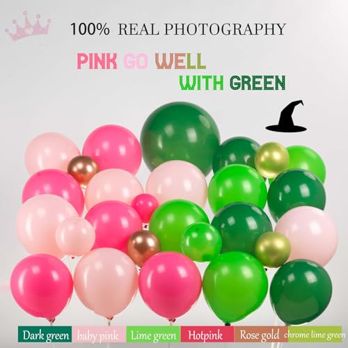 Green and Pink Balloon Garland Arch Kit, 120 Pieces with Wizard Hat Crown Mylar Balloons - Witch Themed Party Decoration