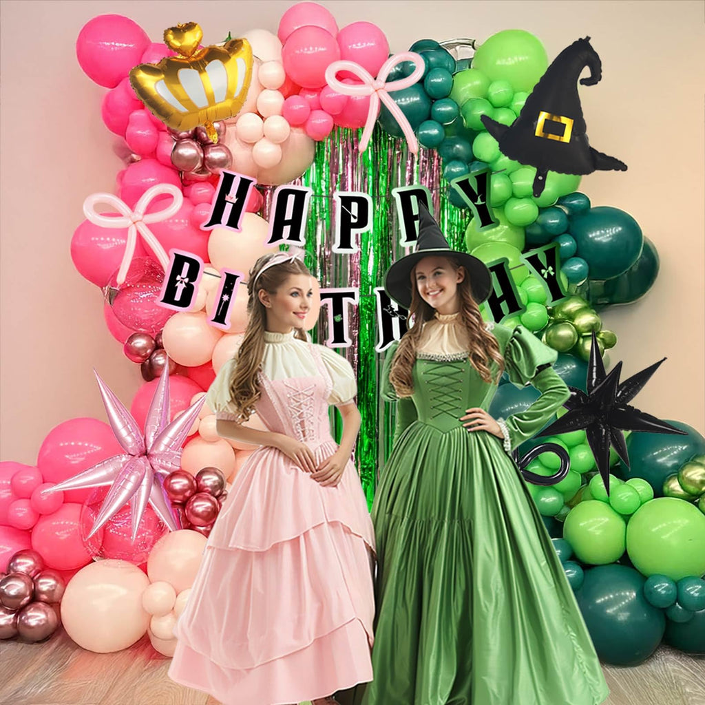Green and Pink Balloon Garland Arch Kit, 120 Pieces with Wizard Hat Crown Mylar Balloons - Witch Themed Party Decoration