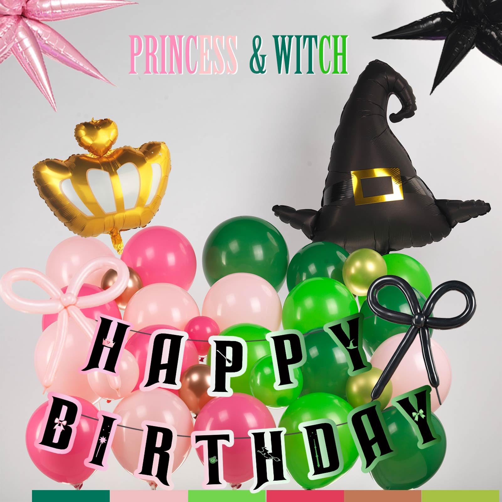 Green and Pink Balloon Garland Arch Kit, 120 Pieces with Wizard Hat Crown Mylar Balloons - Witch Themed Party Decoration