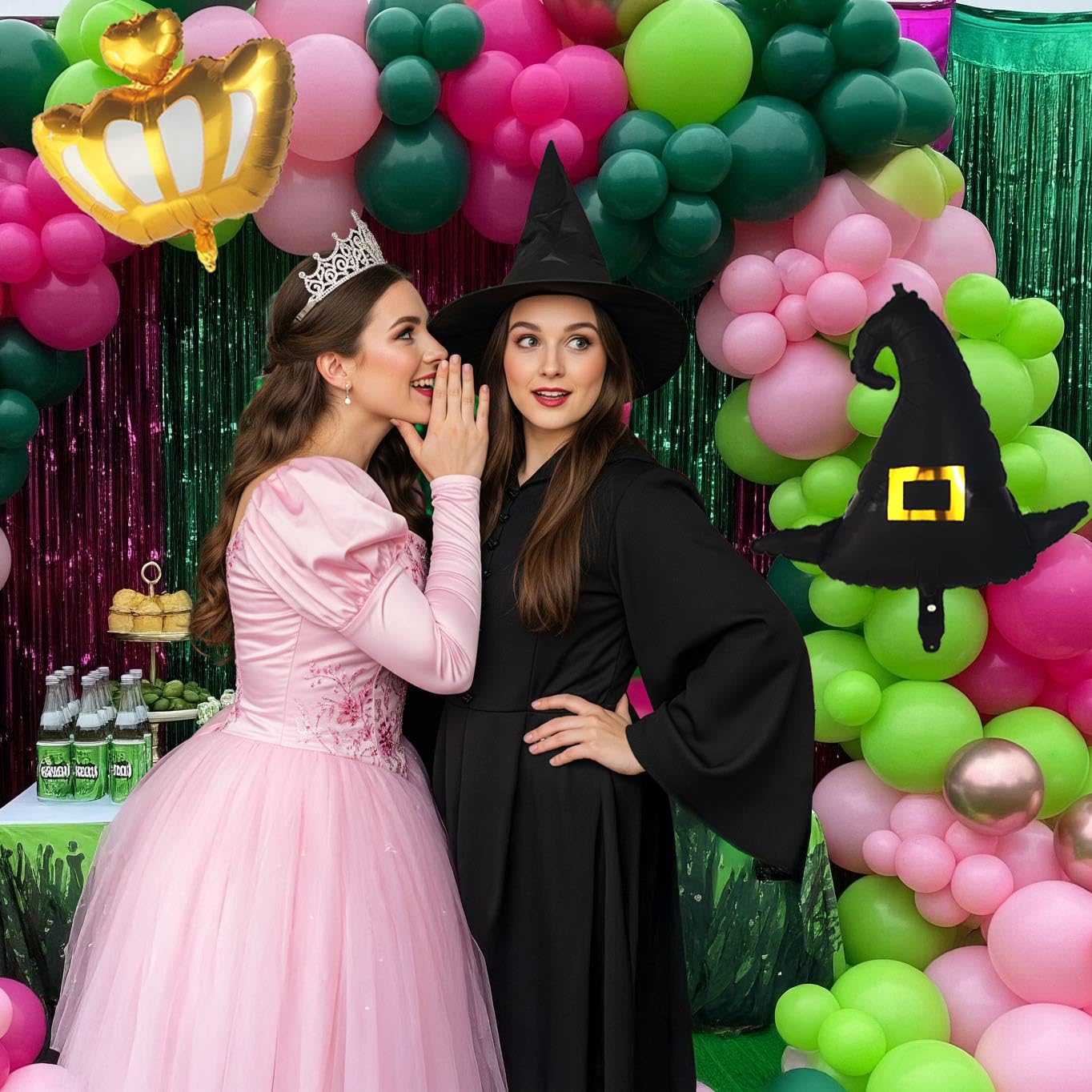 Green and Pink Balloon Garland Arch Kit, 120 Pieces with Wizard Hat Crown Mylar Balloons - Witch Themed Party Decoration