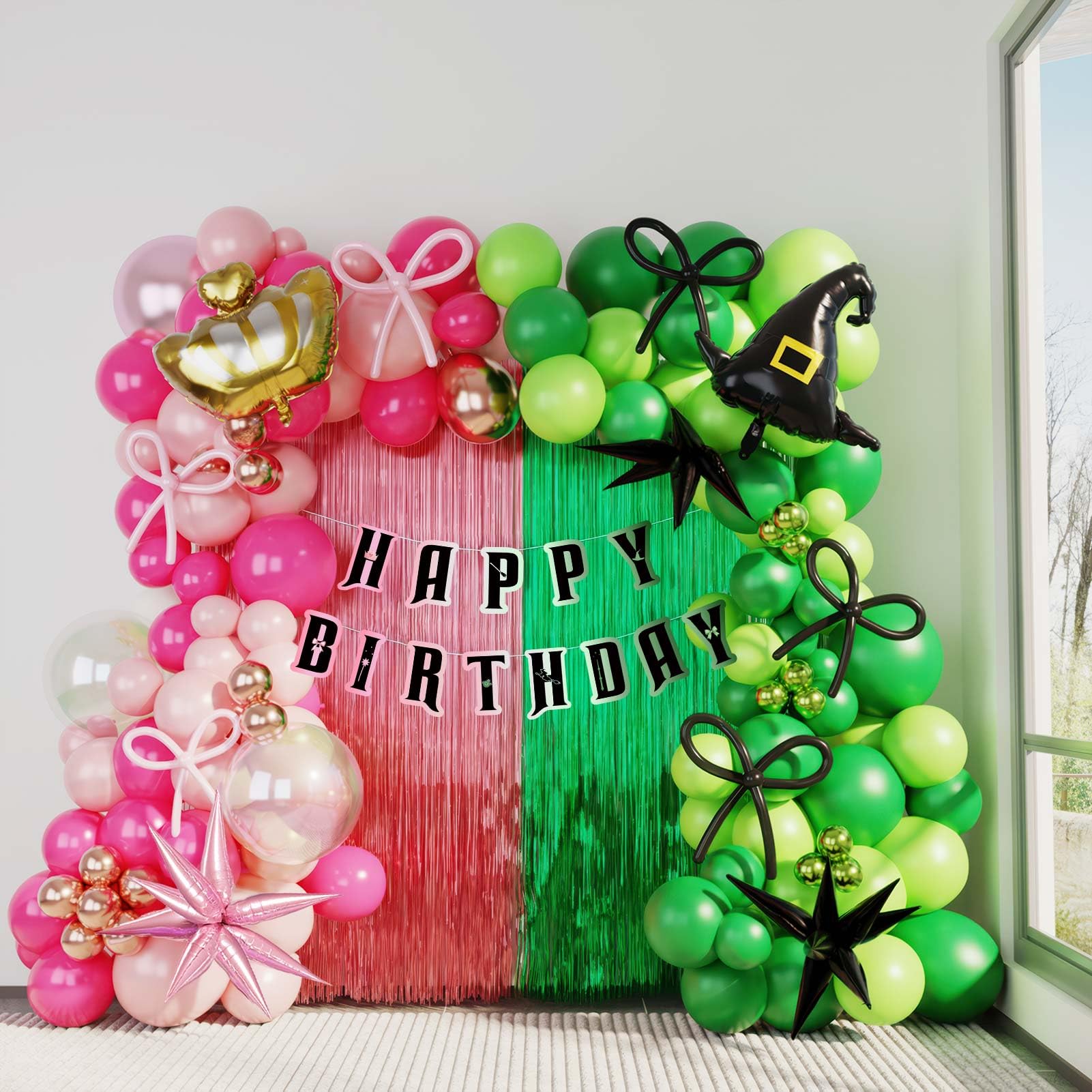 Green and Pink Balloon Garland Arch Kit, 120 Pieces with Wizard Hat Crown Mylar Balloons - Witch Themed Party Decoration