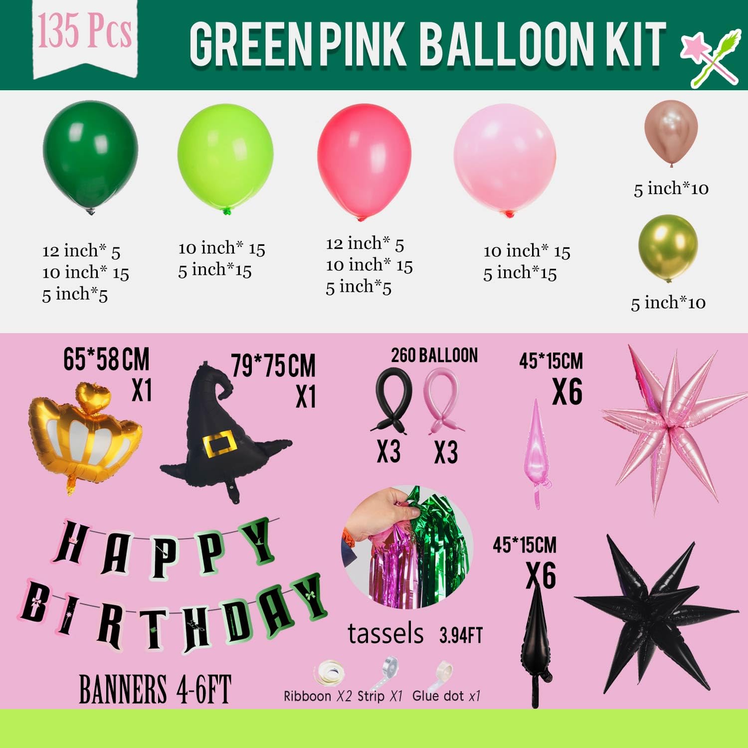 Green and Pink Balloon Garland Arch Kit, 120 Pieces with Wizard Hat Crown Mylar Balloons - Witch Themed Party Decoration