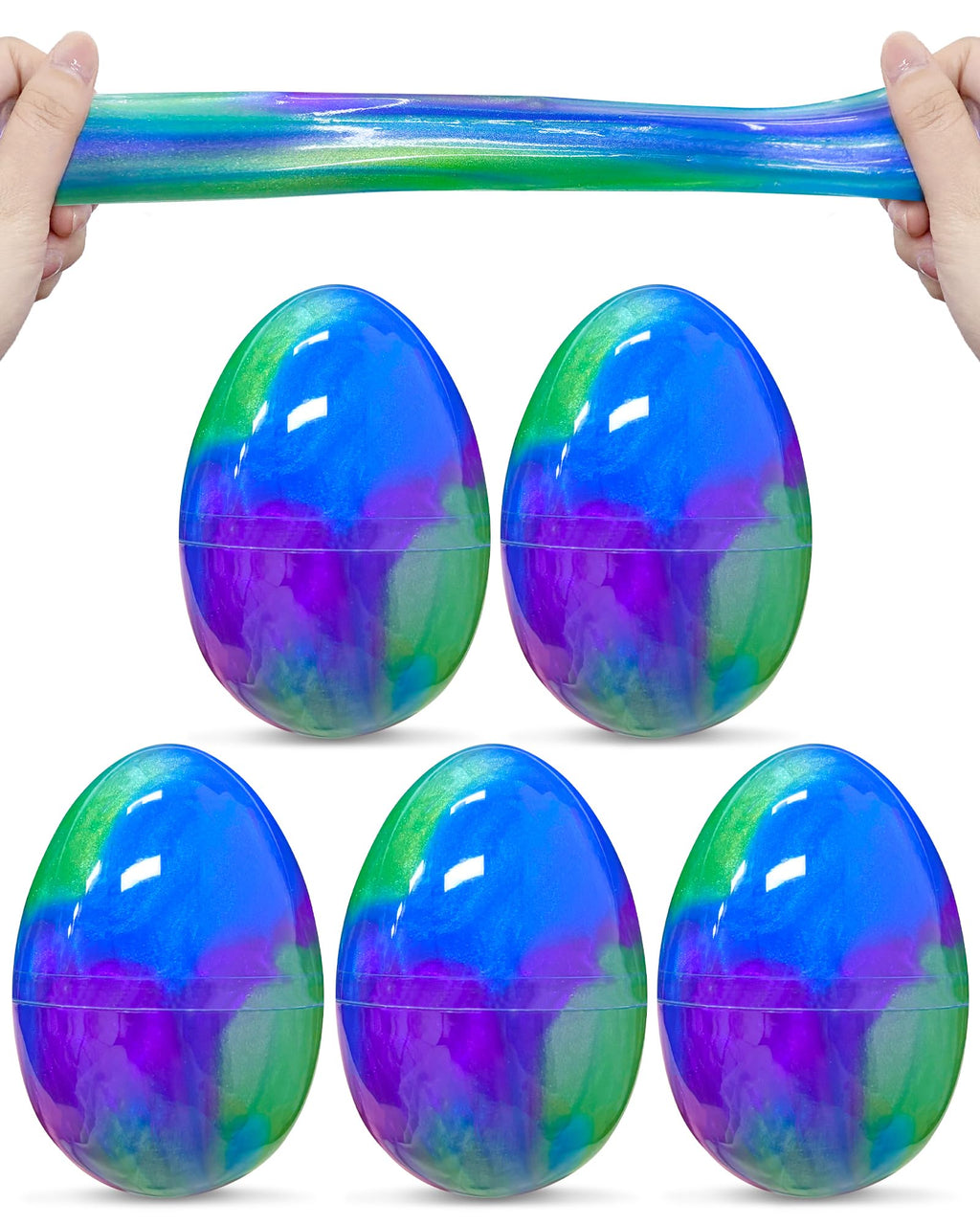 Greingways 5 Pack Prefilled Easter Eggs Galaxy Slime Toys - Blue, Purple, Green - Non-Toxic, Reusable Stress Relief Egg Fillers for Kids and Teens