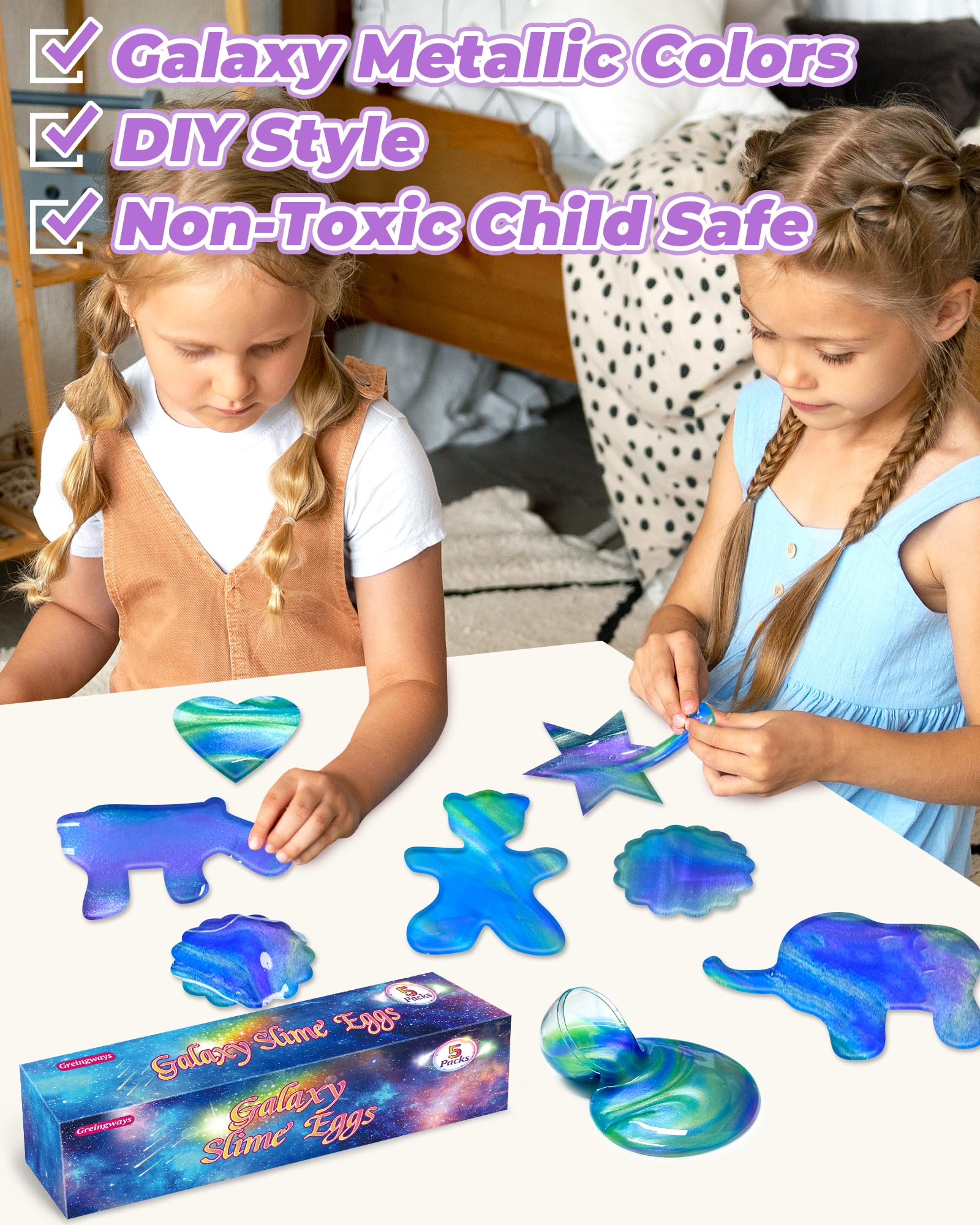 Greingways 5 Pack Prefilled Easter Eggs Galaxy Slime Toys - Blue, Purple, Green - Non-Toxic, Reusable Stress Relief Egg Fillers for Kids and Teens