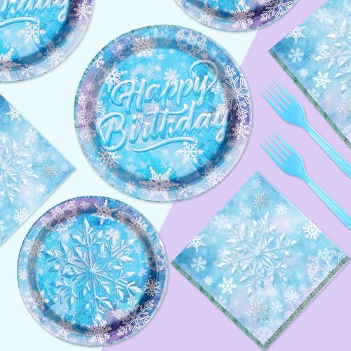 Grencian 96-Piece Frozen Party Tableware Set – Disposable Plates, Napkins & Forks for Winter Wonderland Themes, Serves 24