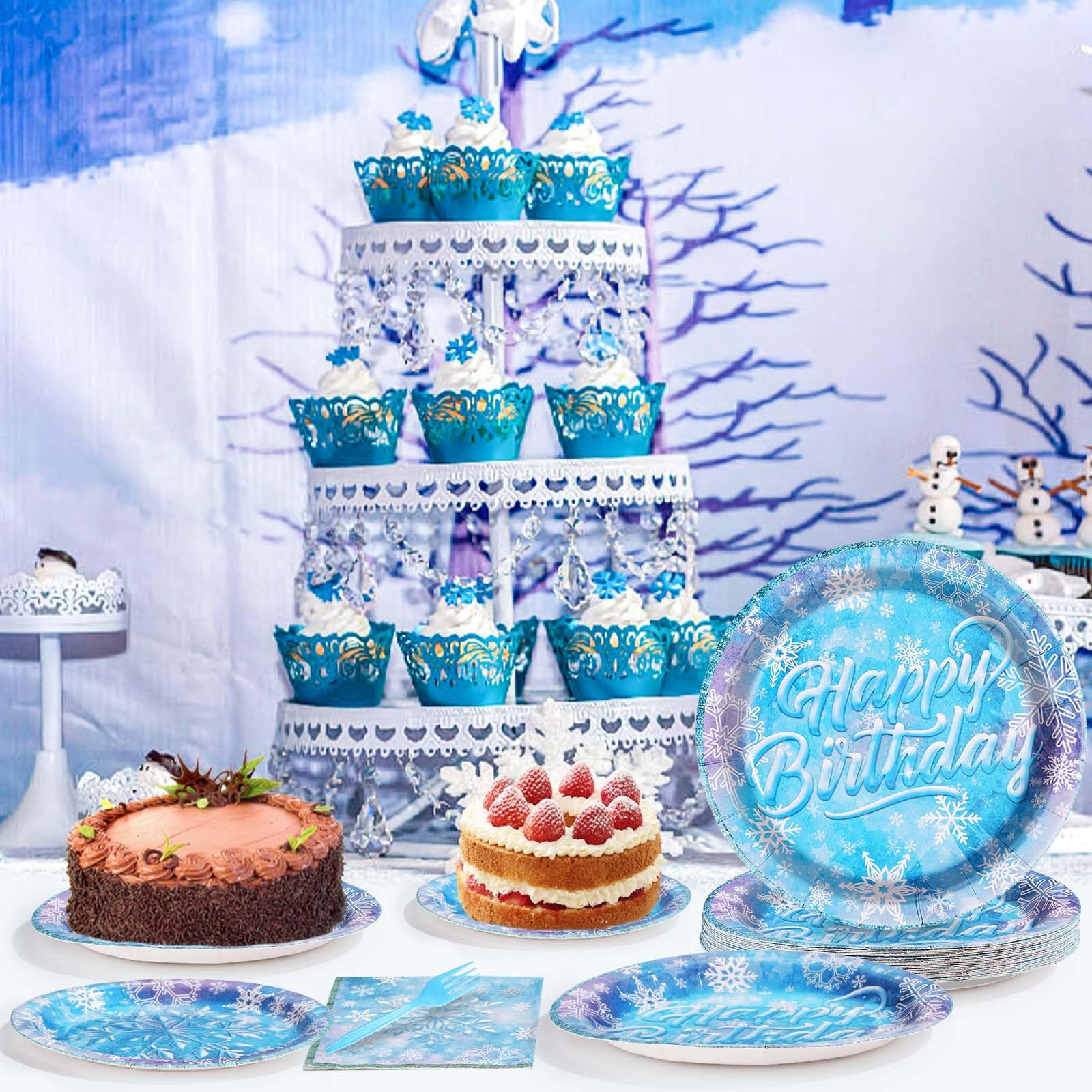 Grencian 96-Piece Frozen Party Tableware Set – Disposable Plates, Napkins & Forks for Winter Wonderland Themes, Serves 24