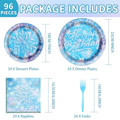Grencian 96-Piece Frozen Party Tableware Set – Disposable Plates, Napkins & Forks for Winter Wonderland Themes, Serves 24